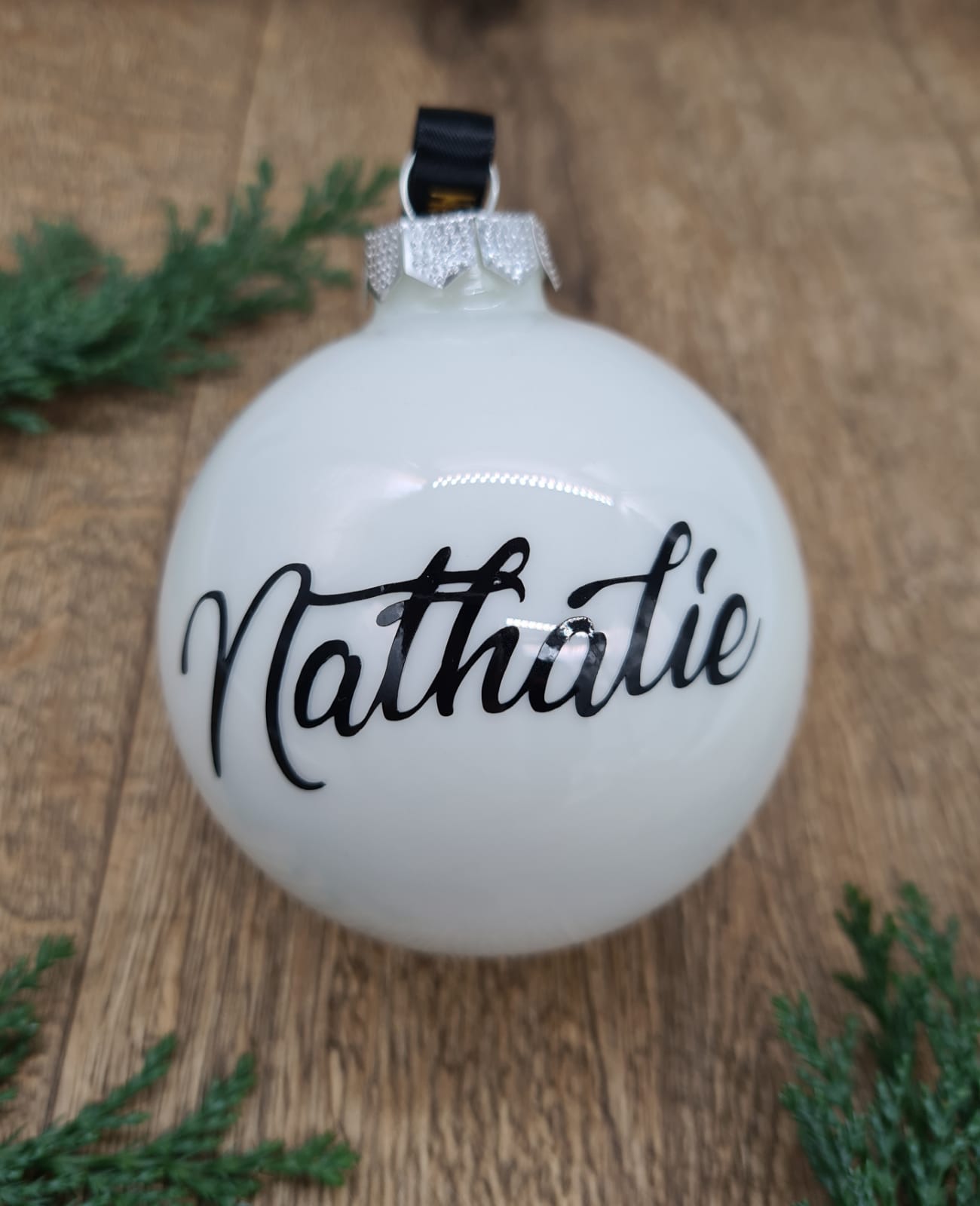Black Text on White Glass Christmas Bauble