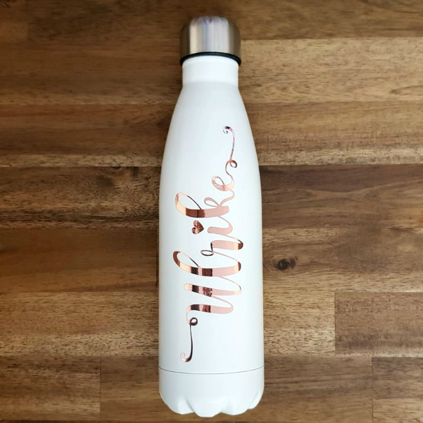Rose Gold Name on a White Thermo Bottle