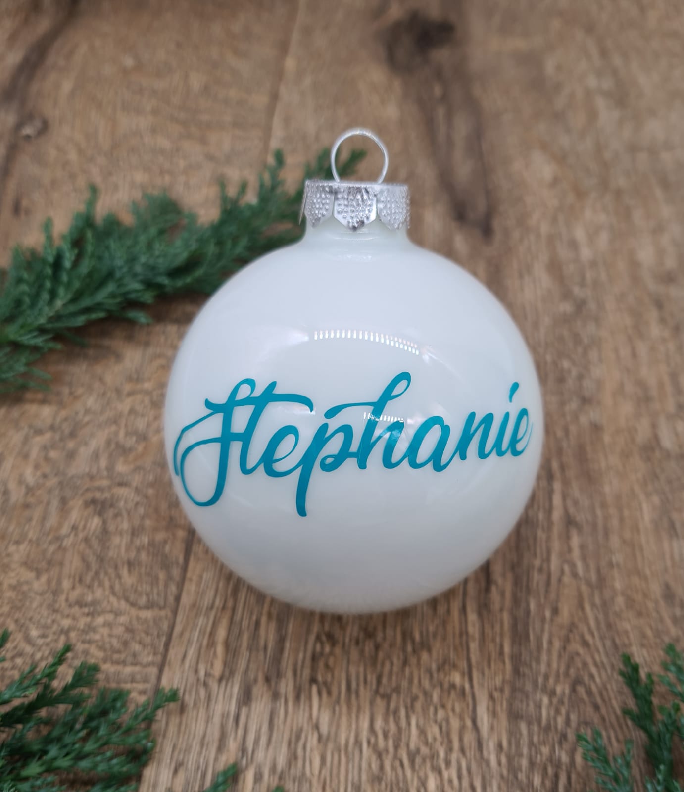 Turquoise Text on White Glass Christmas Bauble