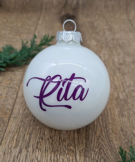Purple Text on White Glass Christmas Bauble