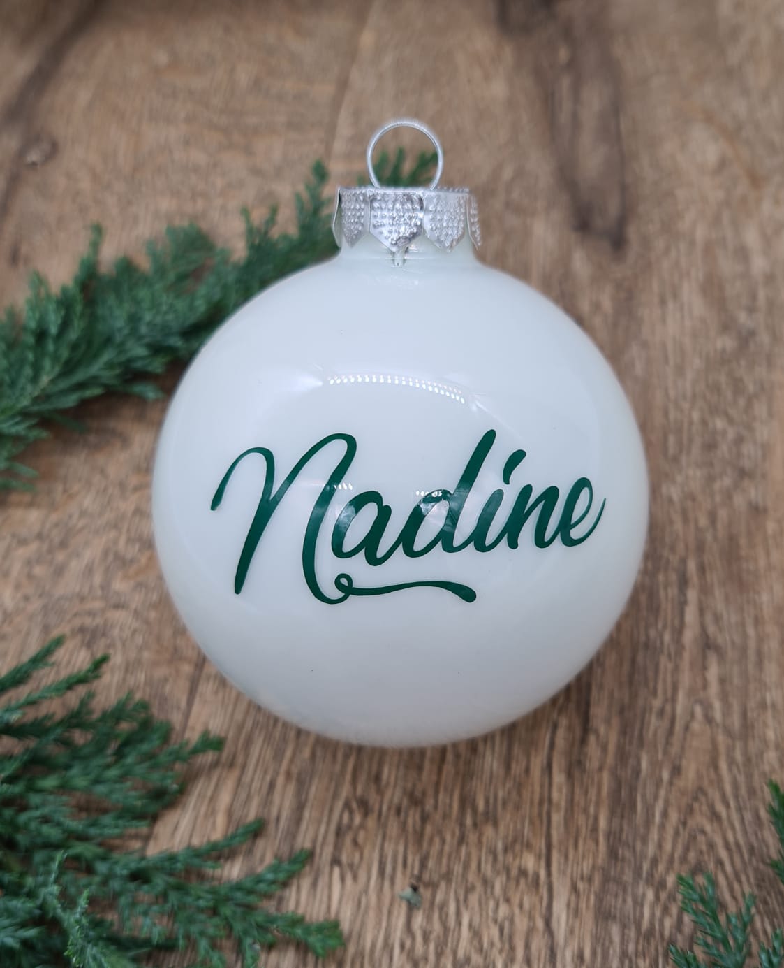 Forest Green Text on White Glass Christmas Bauble