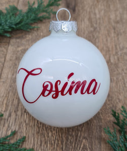 Wine Red Text on White Glass Christmas Bauble